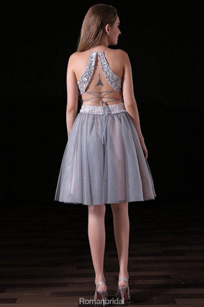 Two-pieces Sleeveless Lace Top Tulle Skirt Bavkless Short Homecoming dresses, HD0372