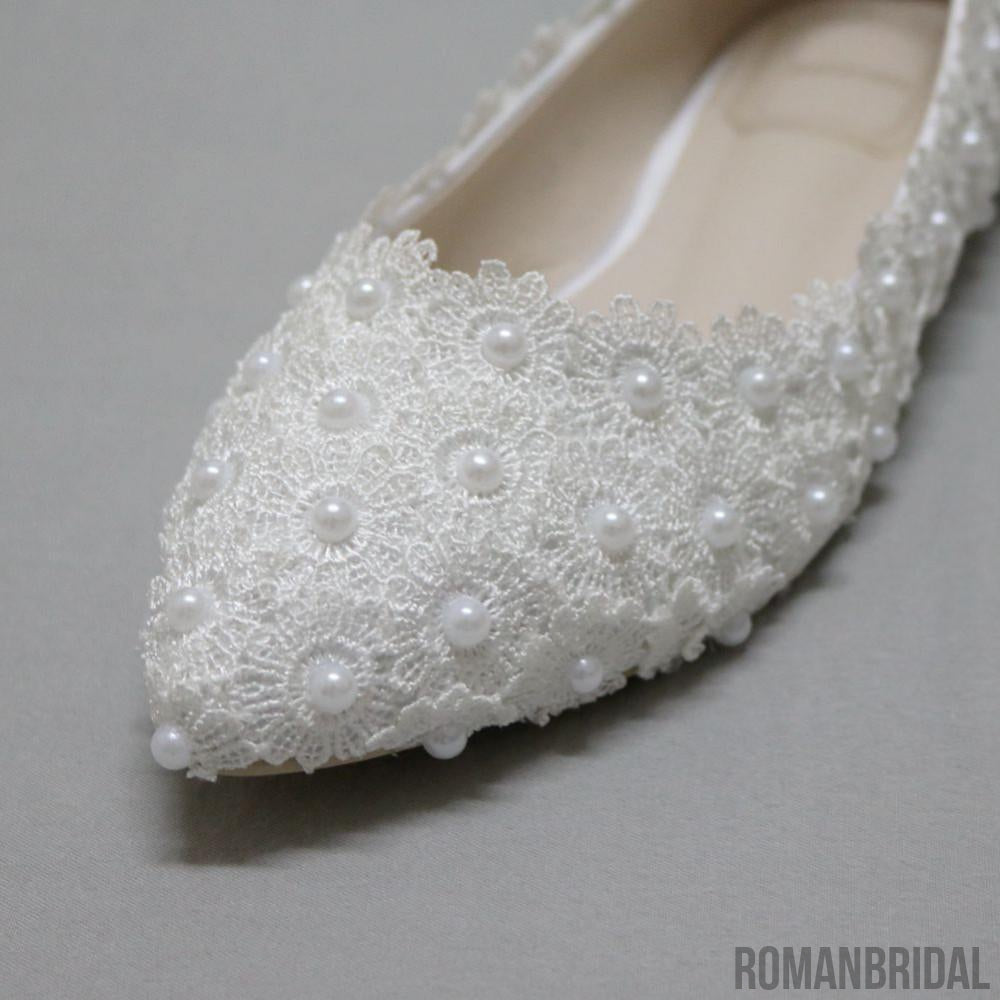 Pregnant Flat Heels Pearls Lace Pointed Toe White Wedding Bridal Shoes, S017