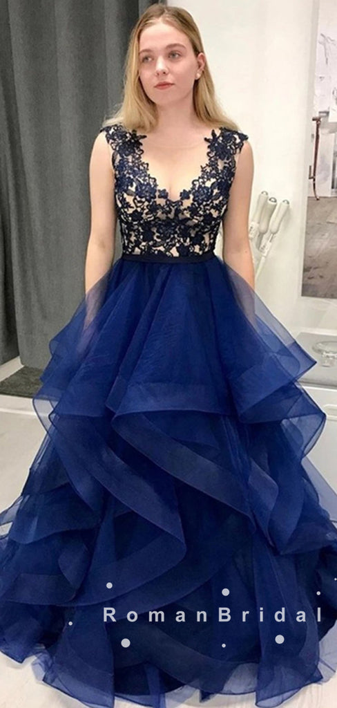 A-Line V-Neck Navy Blue Custom Floor Length Prom Dresses With Lace,RBPD0044