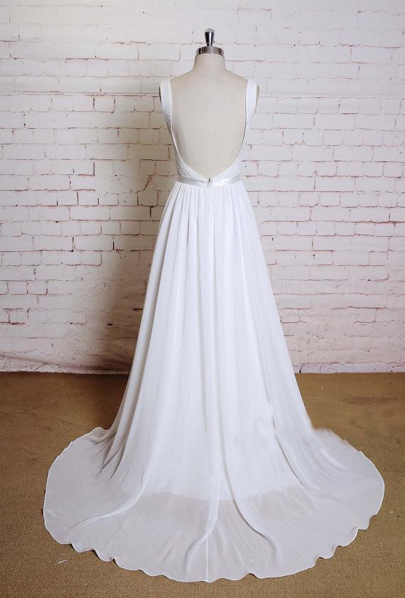 New Arrival chiffon Lace Appliques Backless Sexy Simple Beach Wedding Dress with train, WD0350