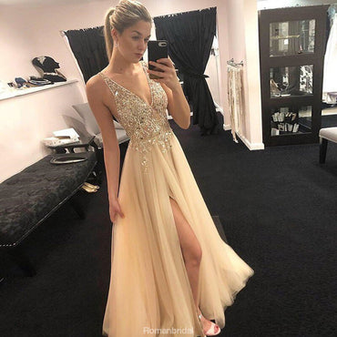 A-Line V-neck Floor-Length Beading Top Prom Dresses With Split, PD0697