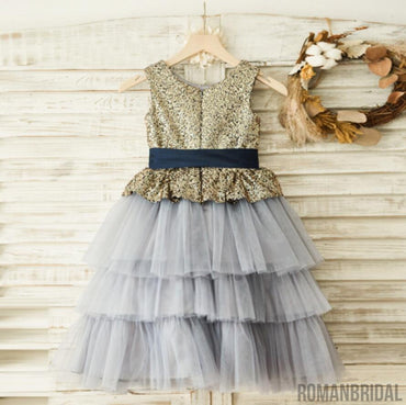 Lovely Sequin Grey Tulle Flower Girl Dresses, Zip Up Little Girl Dresses, FG080