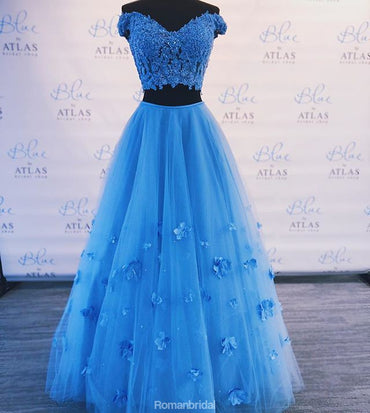 Two pieces Off-shoulder Blue Floor-length Lace Prom Dress, PD0632