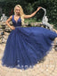 A-Line Deep V-Neck Sleeveless Navy Blue Tulle Lace Long Prom Dresses With Beading,RBPD0045