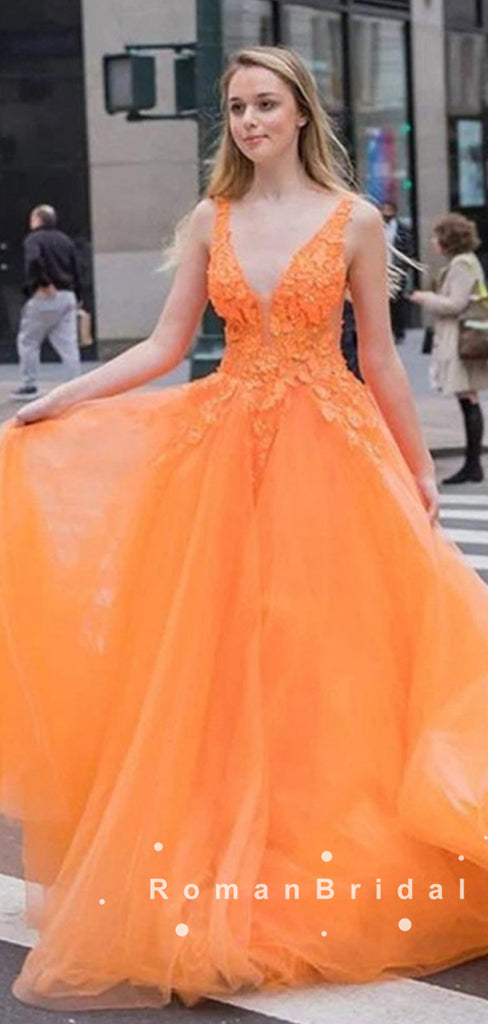 A-Line Deep V-Neck Sleeveless Orange Tulle Long Prom Dresses With Lace,RBPD0046