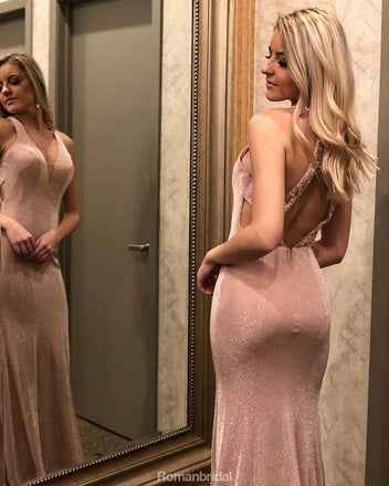 Mermaid V-neck Open-back Long Sleeveless Prom Dress, PD0641