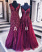 A-line V-neck Red Sequins Appliques Long tulle Prom Dress, PD0631