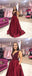 A-line V-neck Sleeveless Beading Burgundy Long Prom Dress, PD0642