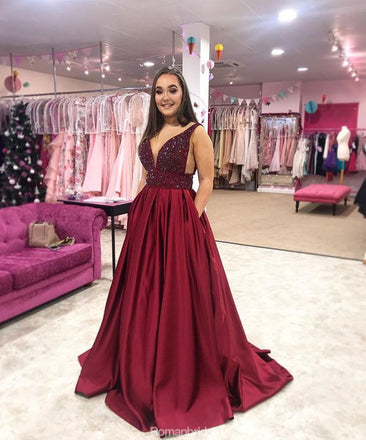 A-line V-neck Sleeveless Beading Burgundy Long Prom Dress, PD0642