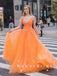 A-Line Deep V-Neck Sleeveless Orange Tulle Long Prom Dresses With Lace,RBPD0046