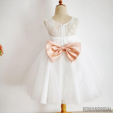 Lovely Illusion Lace Top Tulle Flower Girl Dresses with Knot Bow, Little Girl Dresses, FG082
