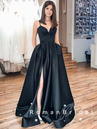 A-Line V-Neck Spaghetti Straps Black Long Prom Dresses With Slit,RBPD0047