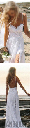 Simple Spaghetti White Lace Side Slit Wedding Dresses For Beach Wedding, WD0047
