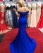 Off-shoulder Dark Blue High Split Simple Long Prom Dress, PD0643