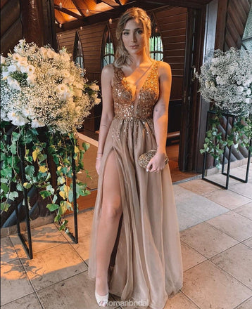A-line Floor-length Deep V-neck Beading Top Prom Dress, PD0639