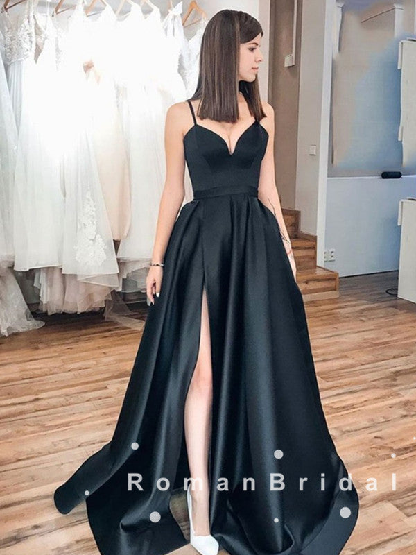 A-Line V-Neck Spaghetti Straps Black Long Prom Dresses With Slit,RBPD0047