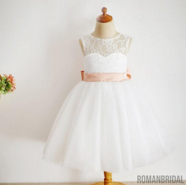 Lovely Illusion Lace Top Tulle Flower Girl Dresses with Knot Bow, Little Girl Dresses, FG082