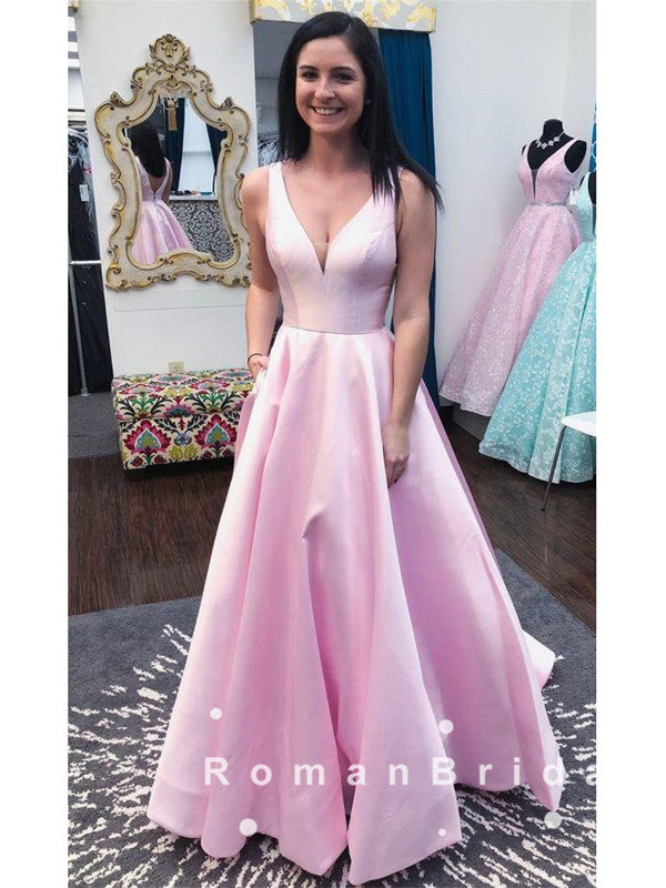 Alluring A-Line V-Neck Sleeveless Pink Cheap Long Prom Dresses,RBPD0048
