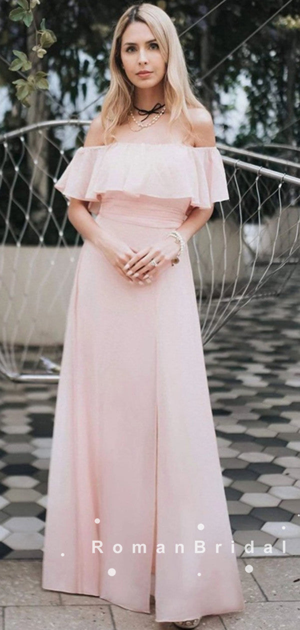 A-Line Off The Shoulder Light Pink Chiffon Long Prom Dresses With Ruff RomanBridal A-Line Off The Shoulder Light Pink Chiffon Long Prom Dresses With Ruff RomanBridal