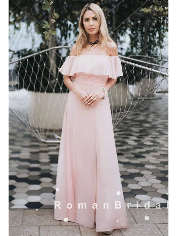 A-Line Off The Shoulder Light Pink Chiffon Long Prom Dresses With Ruff RomanBridal A-Line Off The Shoulder Light Pink Chiffon Long Prom Dresses With Ruff RomanBridal