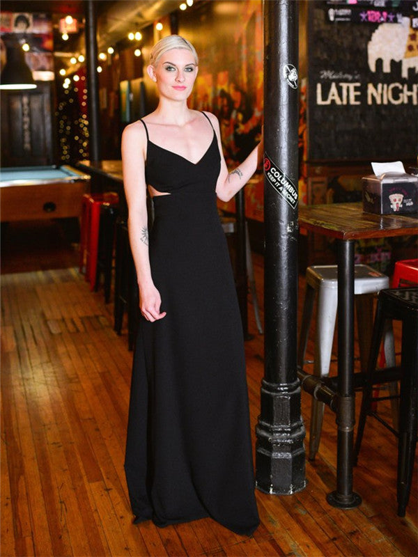 Spaghetti Straps A-line Floor-length Black Jersey Bridesmaid Dresses, BD0568