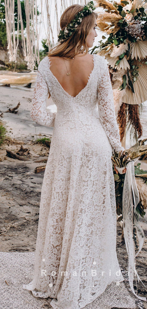 A-Line V-Neck Long Sleeves Lace Floor Length Wedding Dresses,RBWD0005