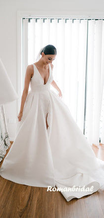 Charming V-neck A-line Cheap Long Wedding Dresses Online,RBWD0035