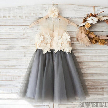 Top Lace Appliques Grey Tulle Sleeveless Cute Custom Flower Girl Dresses, FG088