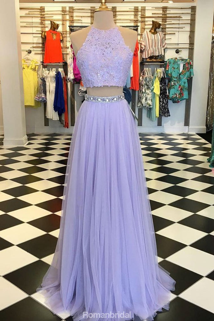 Two Pieces Floor-length Halter Sleeveless Beading Lavender Tulle Prom Dresses, PD0566