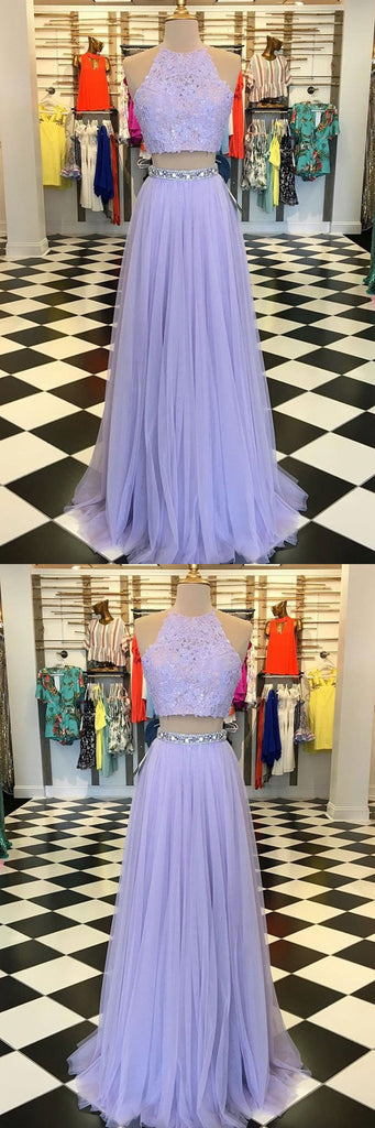 Two Pieces Floor-length Halter Sleeveless Beading Lavender Tulle Prom Dresses, PD0566