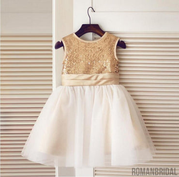 Gold Sequin Simple Cutest  Cheap Soft Pretty Flower Girl Dresses With Bow, FG0089