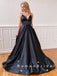 A-Line V-Neck Spaghetti Straps Black Satin Long Prom Dresses,RBPD0055