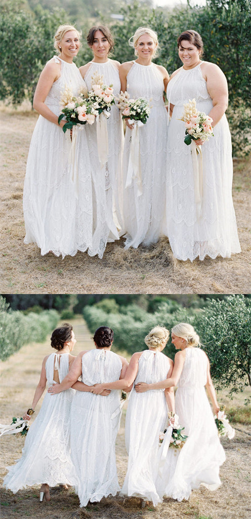 Halter Floor-length Lace Open-back Bridesmaid Dresses, BD0563