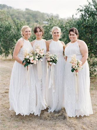 Halter Floor-length Lace Open-back Bridesmaid Dresses, BD0563