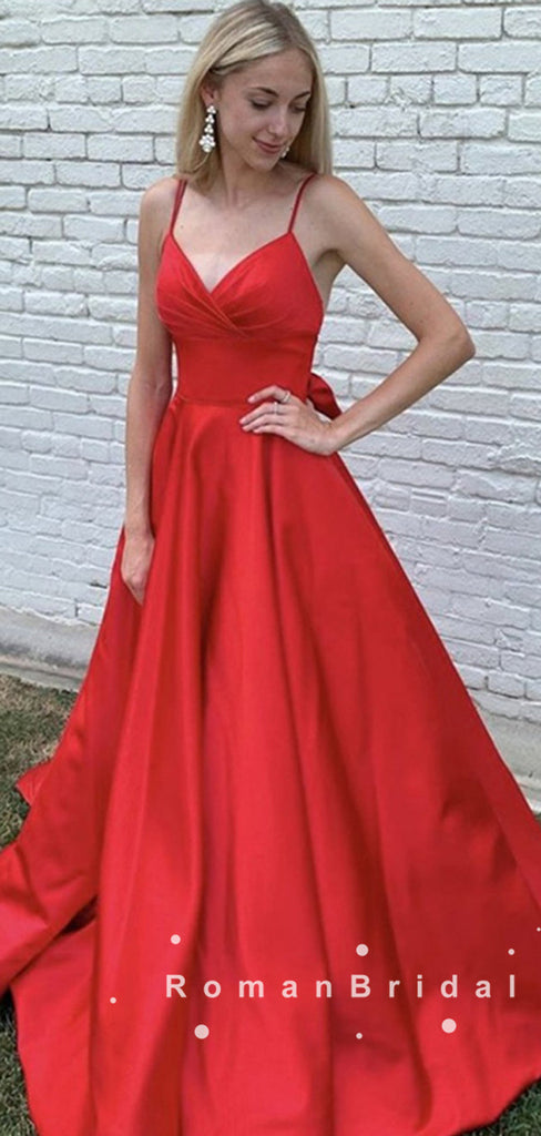 A-Line V-Neck Spaghetti Straps Red Satin Long Prom Dresses With Pleats,RBPD0056