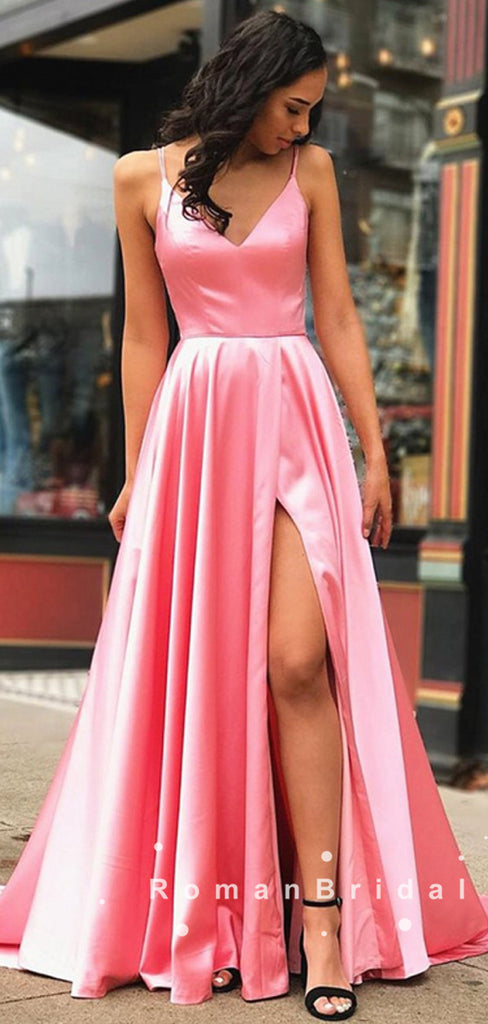 A-Line V-Neck Spaghetti Straps Pink Split Side Cheap Long Prom Dresses,RBPD0057