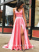 A-Line V-Neck Spaghetti Straps Pink Split Side Cheap Long Prom Dresses,RBPD0057