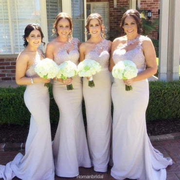 New arrival Elegant Mermaid One Shoulder Lace Appliques Bridesmaid Dress with Train, BD0447