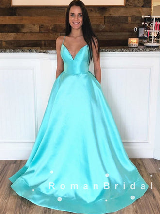 A-Line V-Neck Spaghetti Straps Cheap Long Prom Dresses Online,RBPD0058