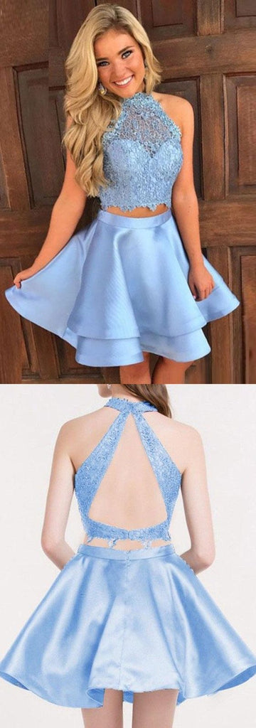 Two Pieces Halter Sleeveless Lace Top Sweet Cheap Short Homecoming Dresses, HD0350