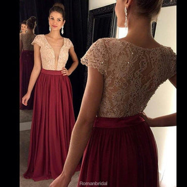 A-line Floor-length Deep V-neck Lace Top Burgundy Prom Dress, PD0635