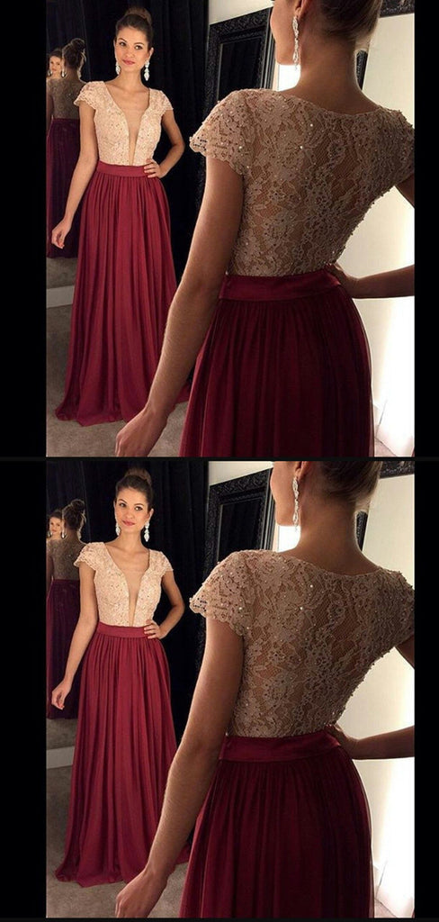 A-line Floor-length Deep V-neck Lace Top Burgundy Prom Dress, PD0635