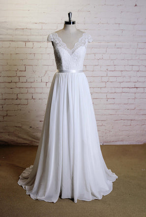 Elegant A-line Floor-length V-neck Cap sleeve lace top simple Wedding Dresses, WD0363