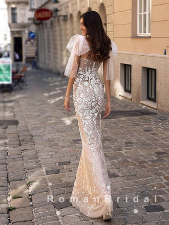 Mermaid V-Neck Spaghetti Straps Floor Length Wedding Dresses With Lace,RBWD0006