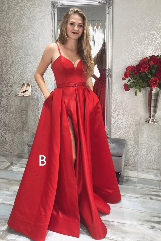 A-line Floor-length Spaghetti Straps V-neck Long Prom Dresses With Split, PD0777