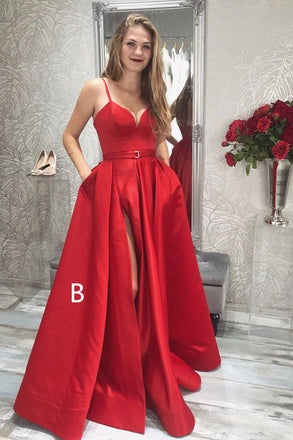 A-line Floor-length Spaghetti Straps V-neck Long Prom Dresses With Split, PD0777