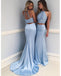 Amazing Two-Piece Mermaid Round Neck Blue evening Dress with Beading long prom dresses , PD0525