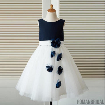 Sleeveless applique round neck princess dress, Navy blue shirt white dress, Flower girl dress, FG0095