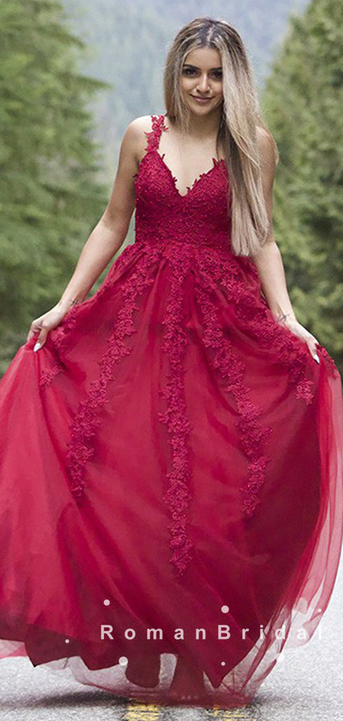 A-Line V-Neck Spaghetti Straps Red Tulle Long Prom Dresses With Lace,RBPD0064