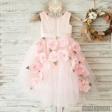 Pink Round neck applique zipper Dreamy Dress, sweet Flower Girl Dress, FG0099